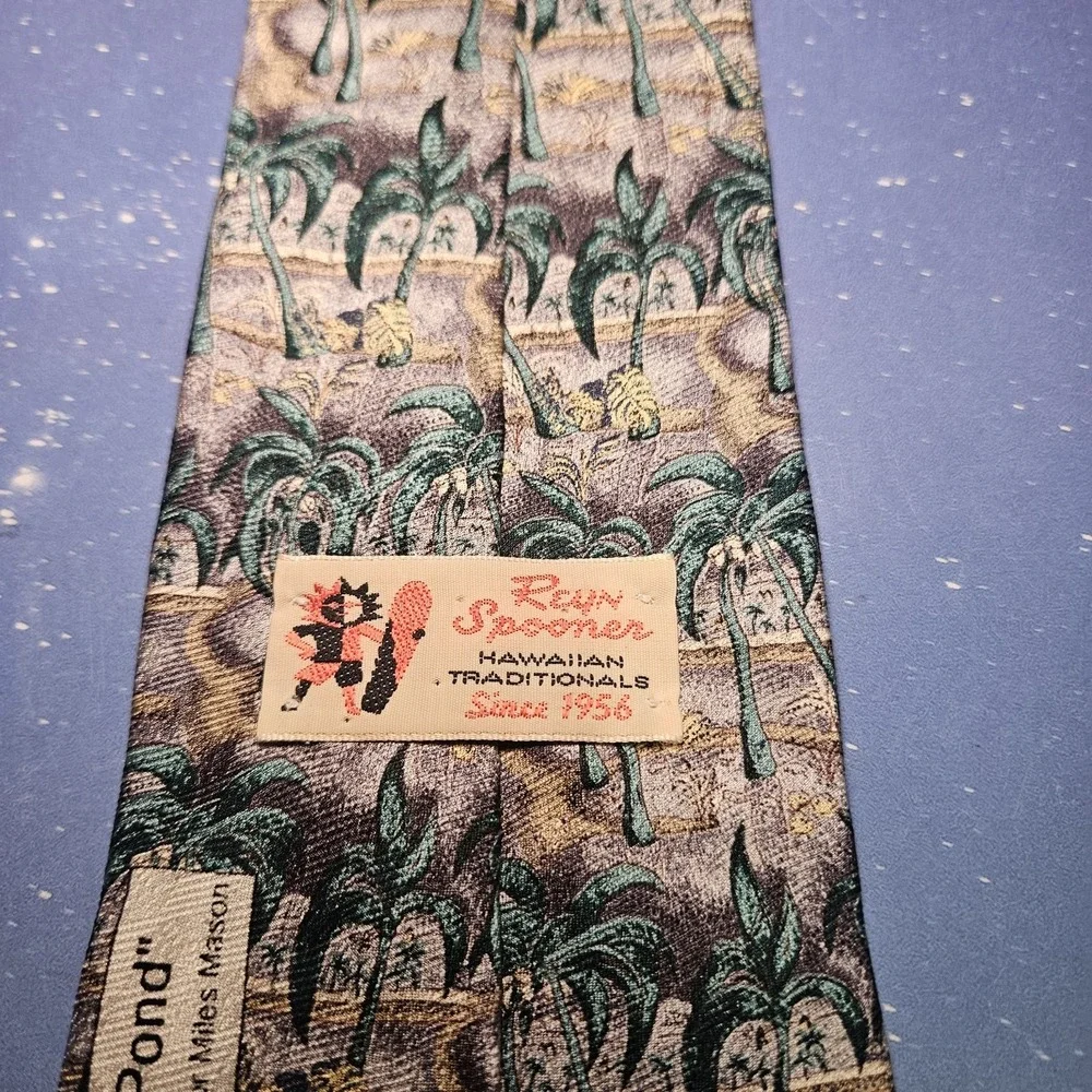 Reyn Spooner Necktie Mens OS Green Royal Fish Pond Palm‎ Tree Silk 1994 Vintage